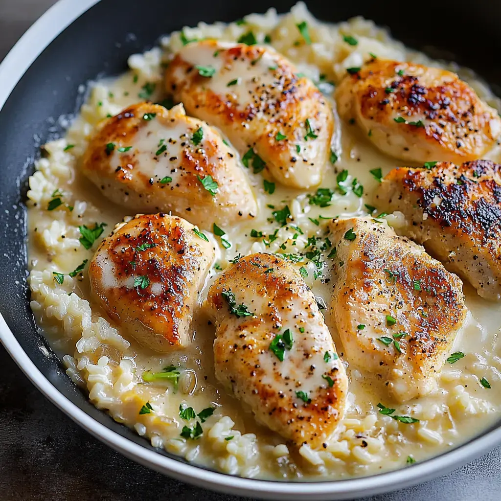 Golden-seared chicken resting on creamy rice in a dark pan with fresh herbs.