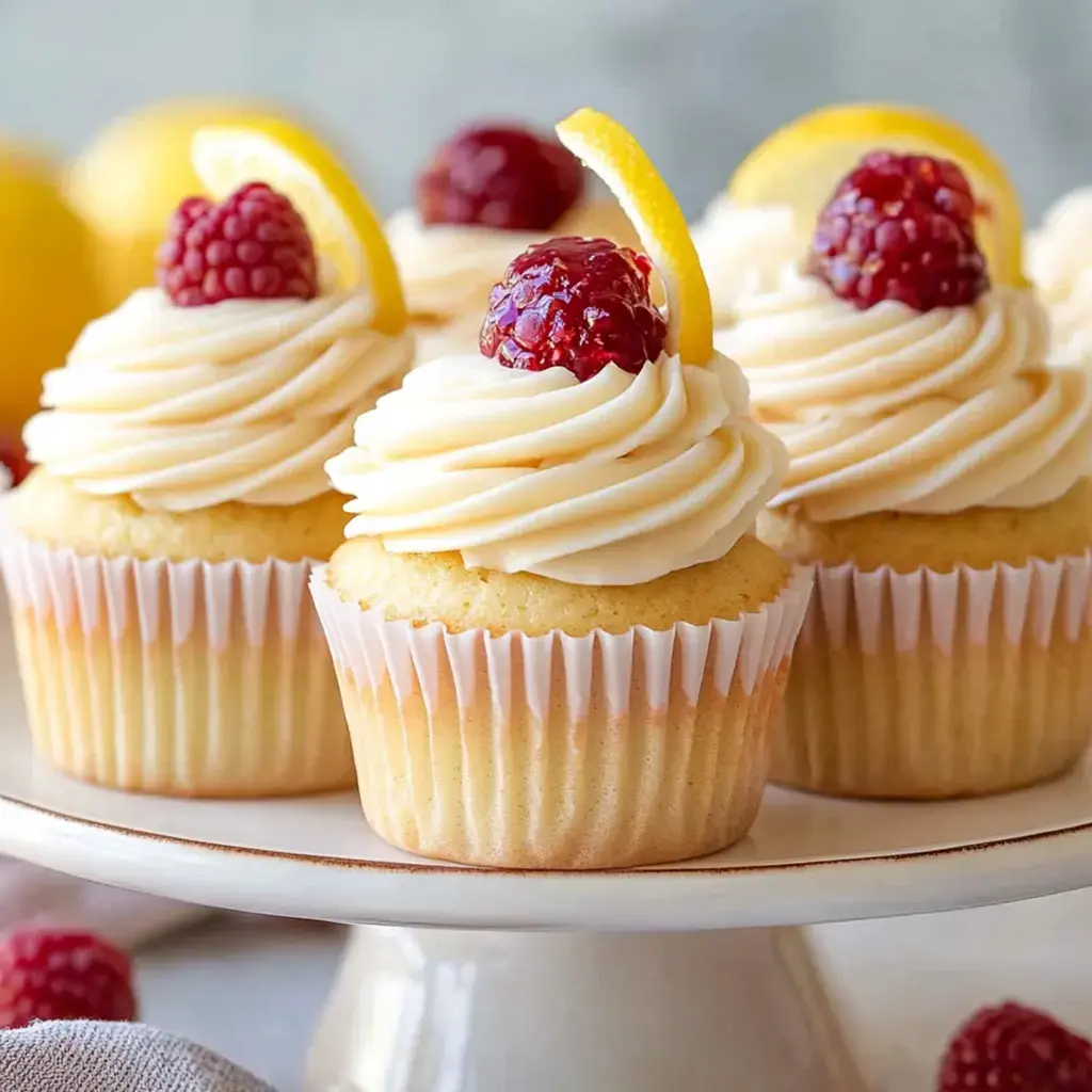 Cupcakes on a plate decorated with raspberries and lemon slices, with swirled frosting.