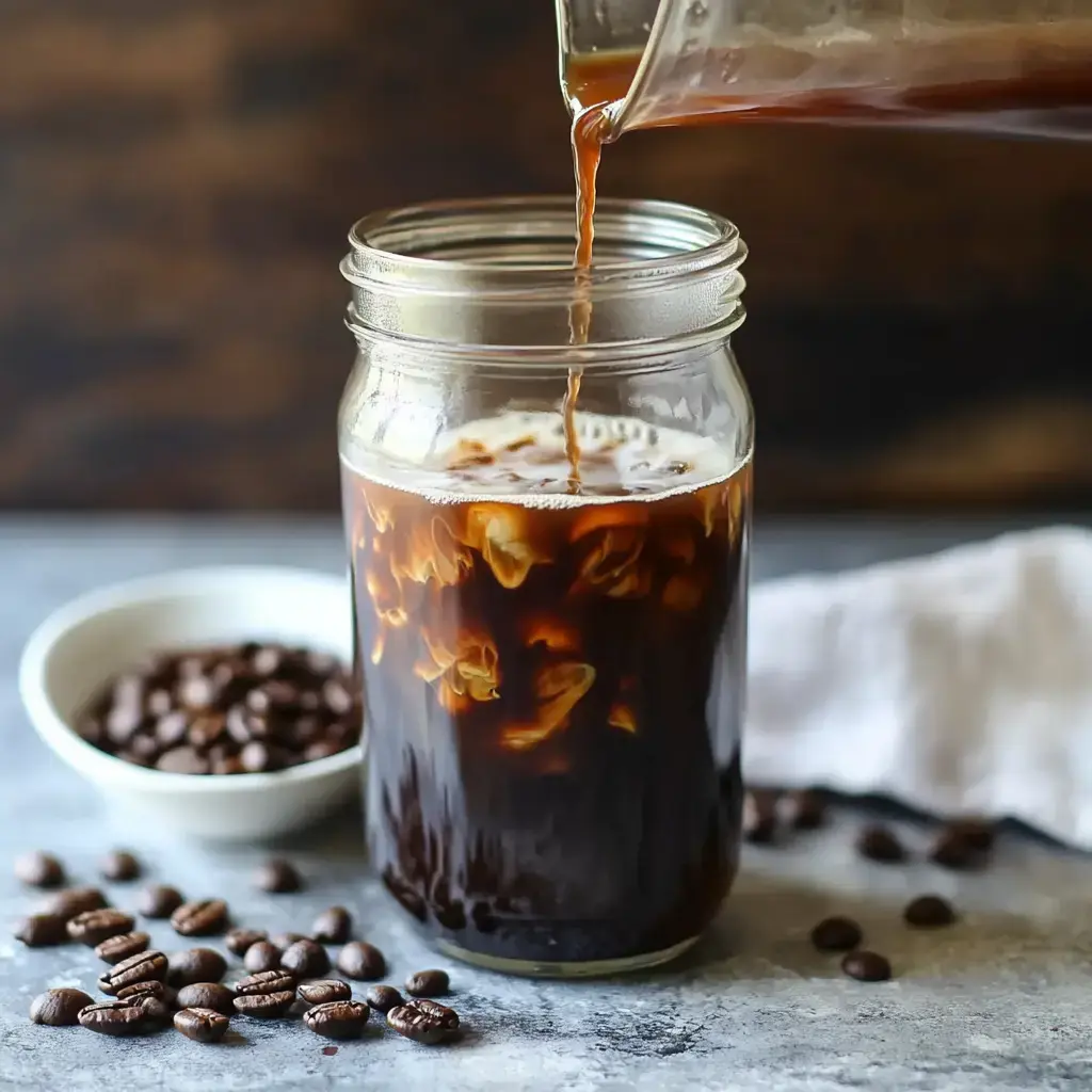 A jar pouring iced coffee into a glass, with coffee beans scattered on a table.