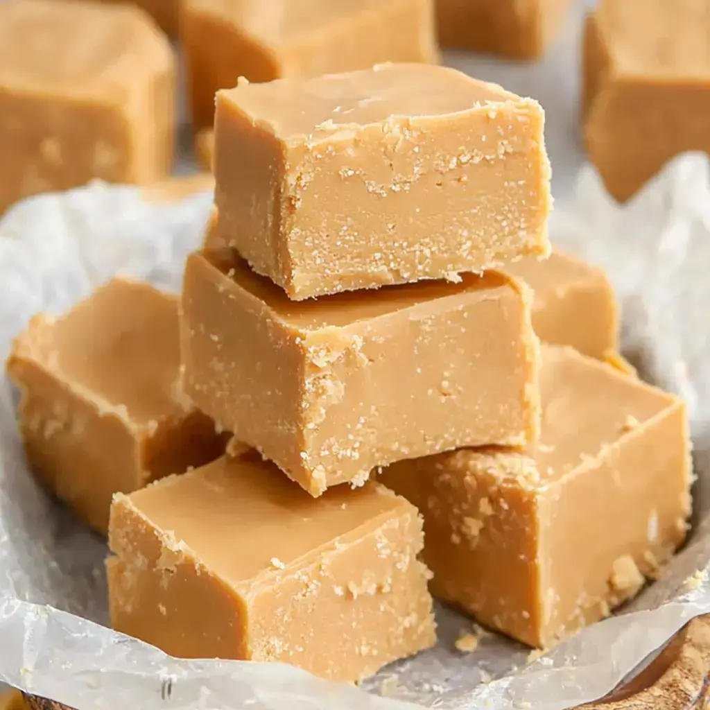 Close-up of soft caramel-like fudge squares piled together on a textured surface.