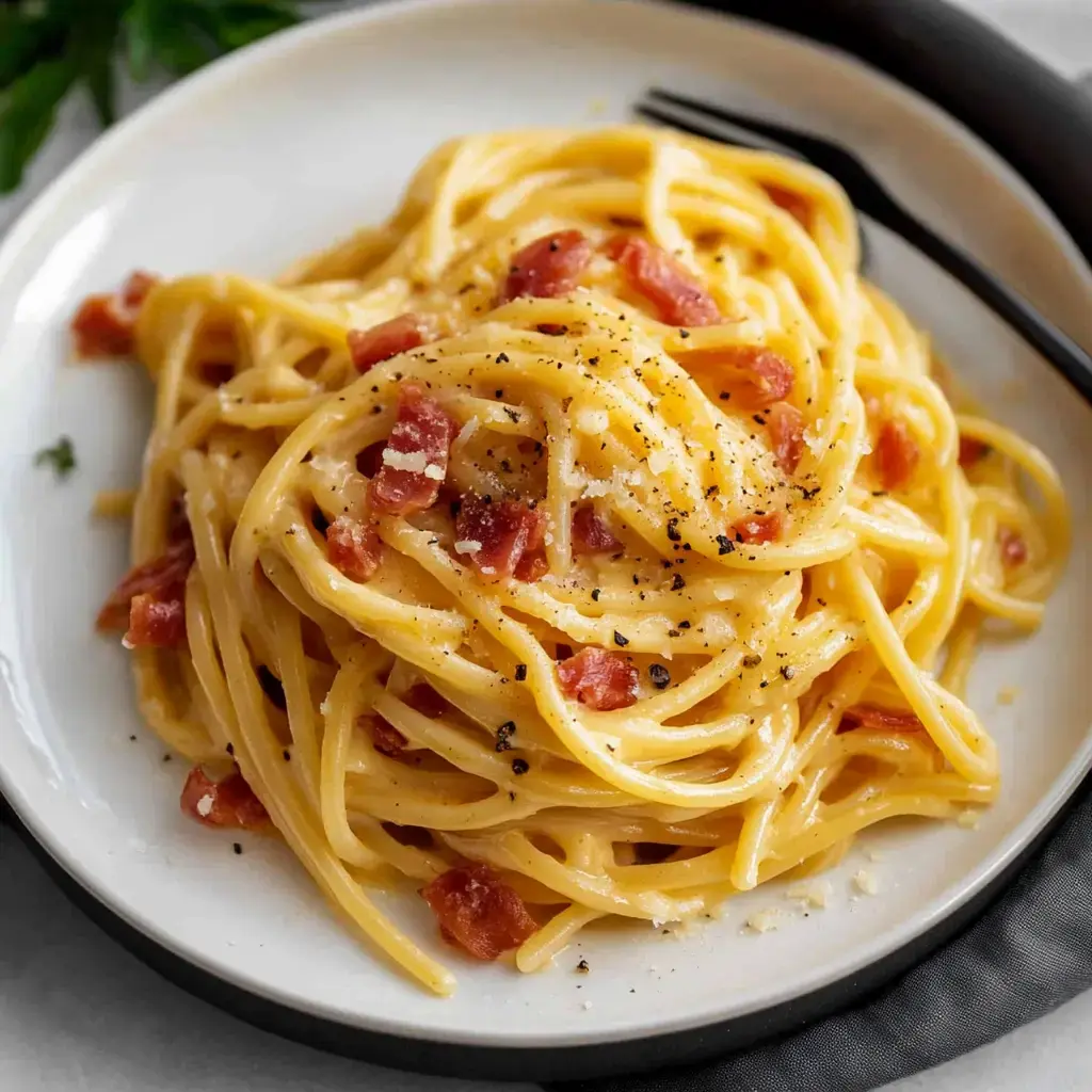 Spaghetti topped with crispy guanciale, grated cheese, and cracked black pepper.