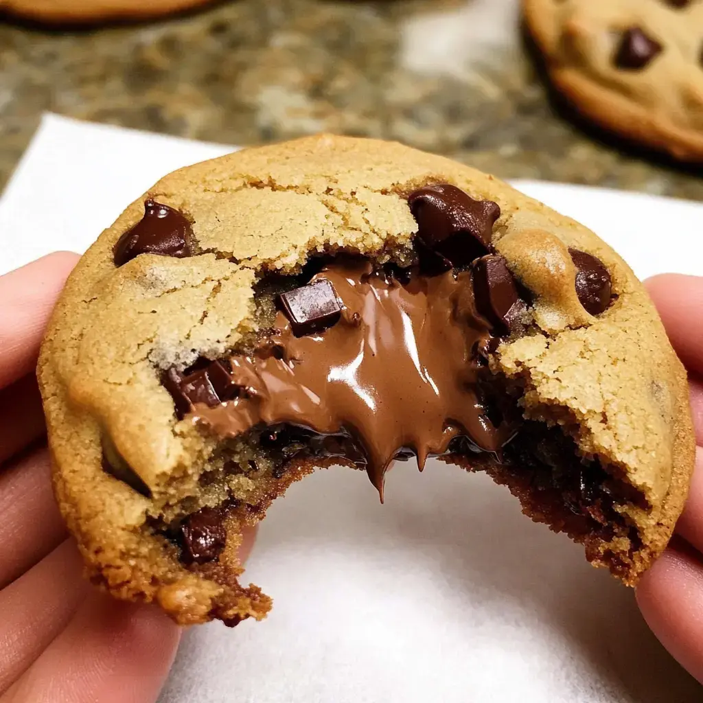 A cookie split open with gooey chocolate inside, held in someone's hand.