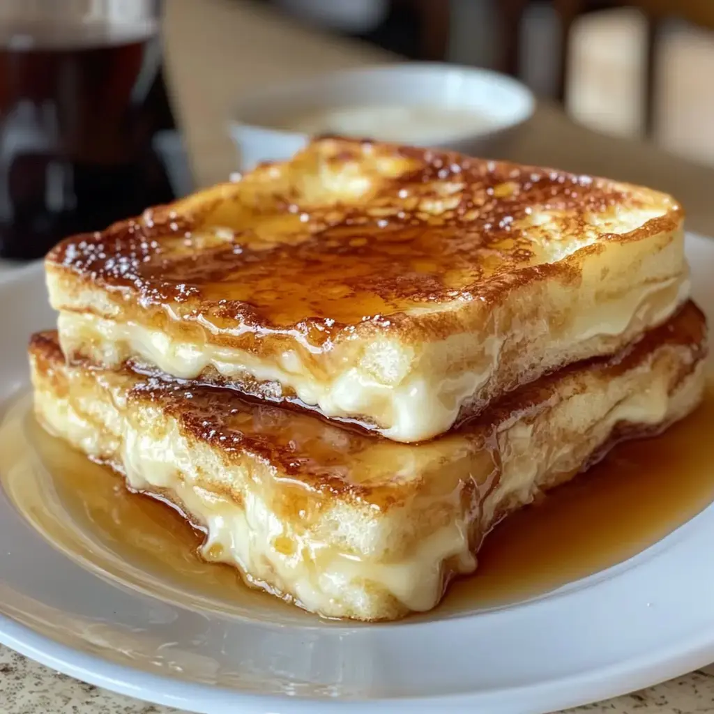 Golden slices of caramel-coated French toast plated beautifully with syrup drizzle.