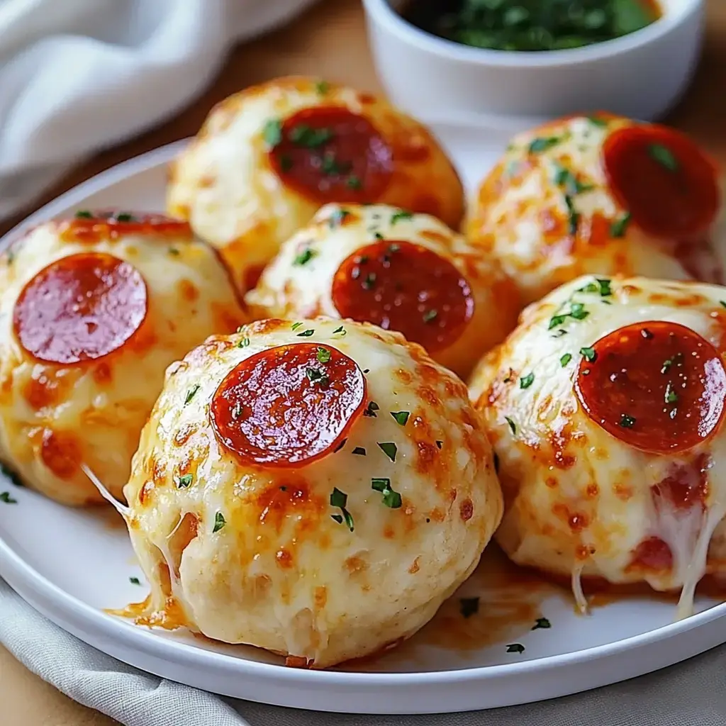 A plate of fluffy dough pockets filled with pepperoni and cheese, garnished with herbs, with a green dipping sauce on the side.