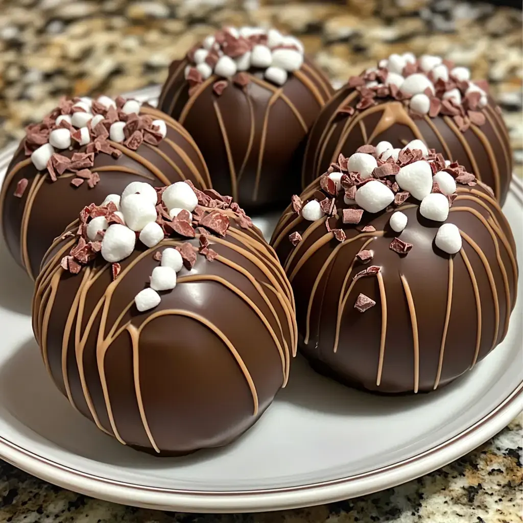 Five fancy chocolate balls on a plate, each topped with fluffy marshmallows and cute pink curls.