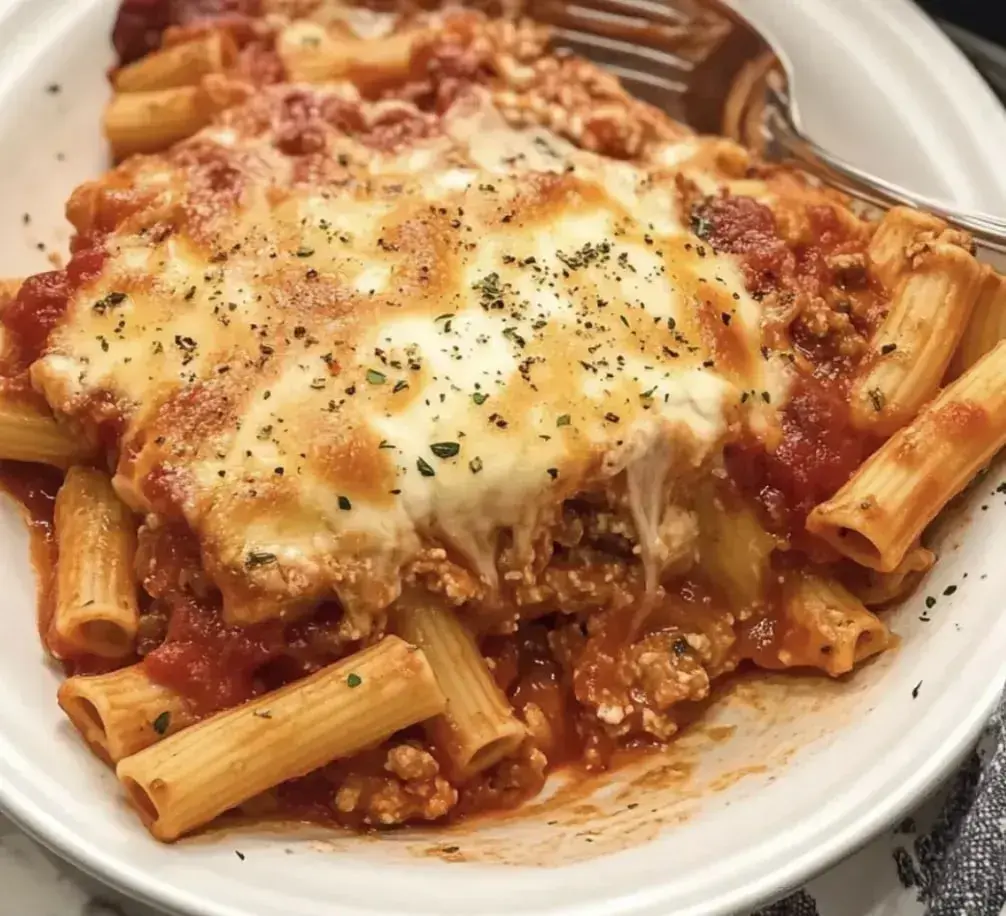 A serving of baked pasta covered in red sauce with bubbling cheese and fresh herbs sprinkled on top.