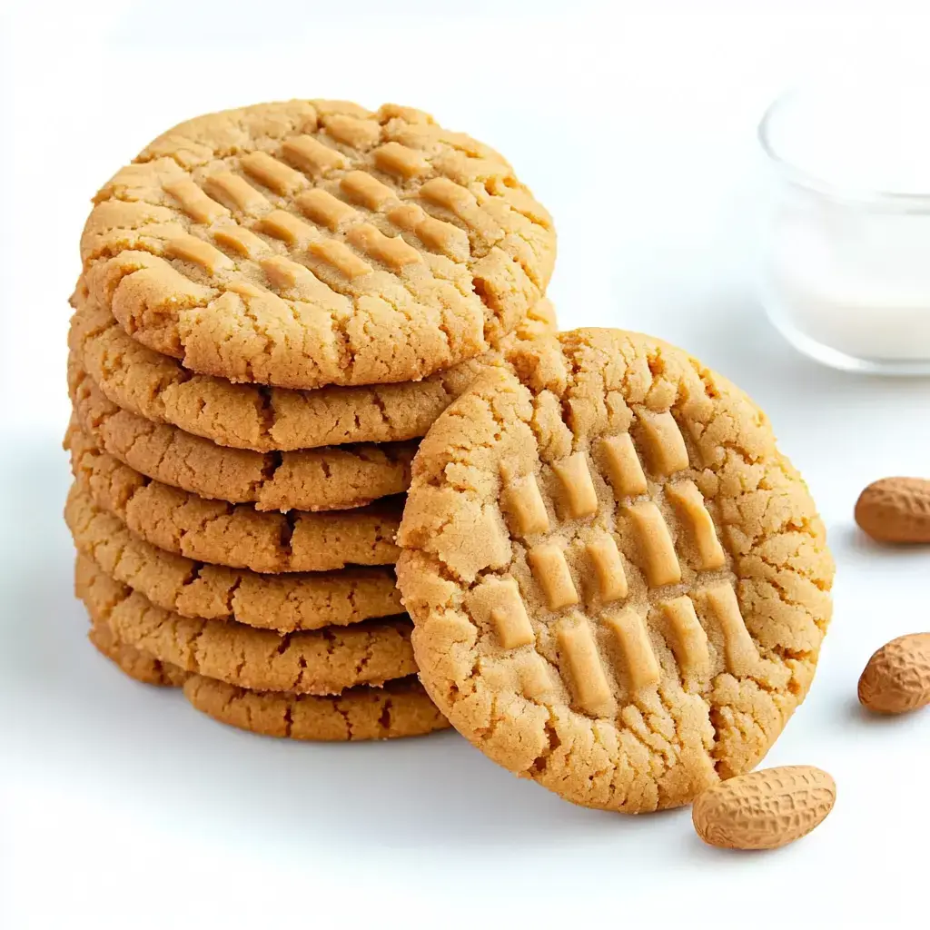 A tower of peanut butter cookies stacked with peanuts and milk on the side.