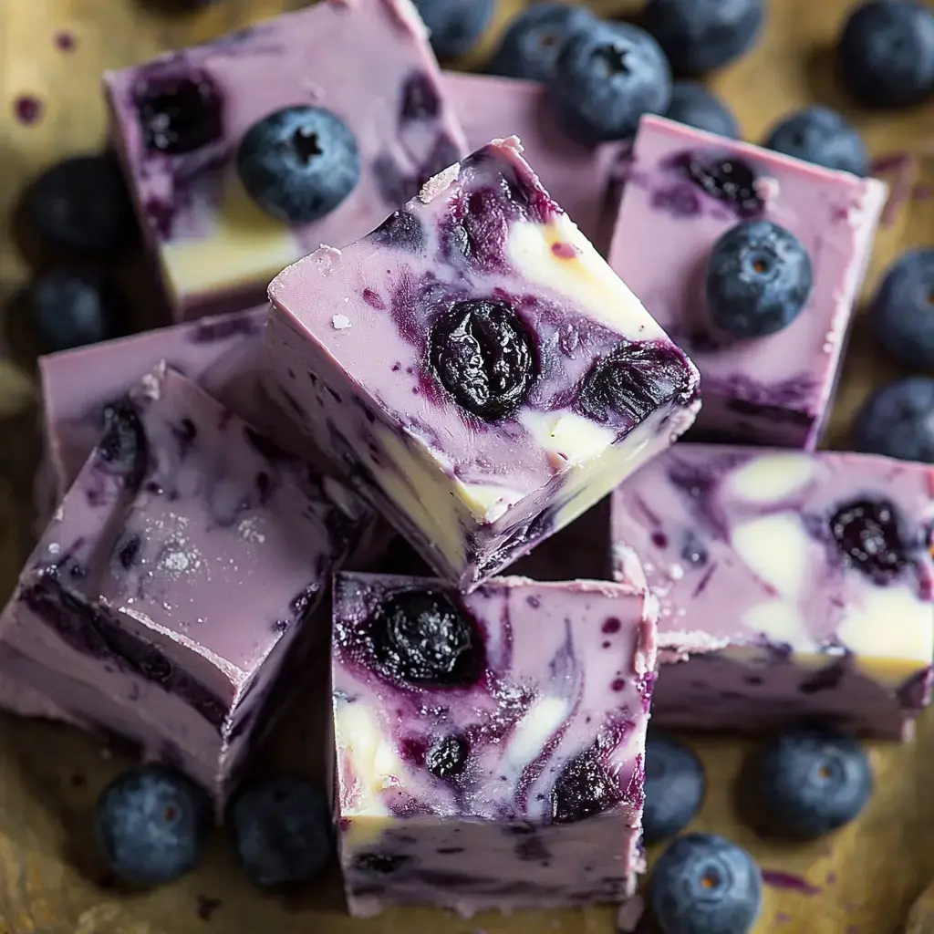 Purple fudge squares with blueberry bits on a rustic wood board.