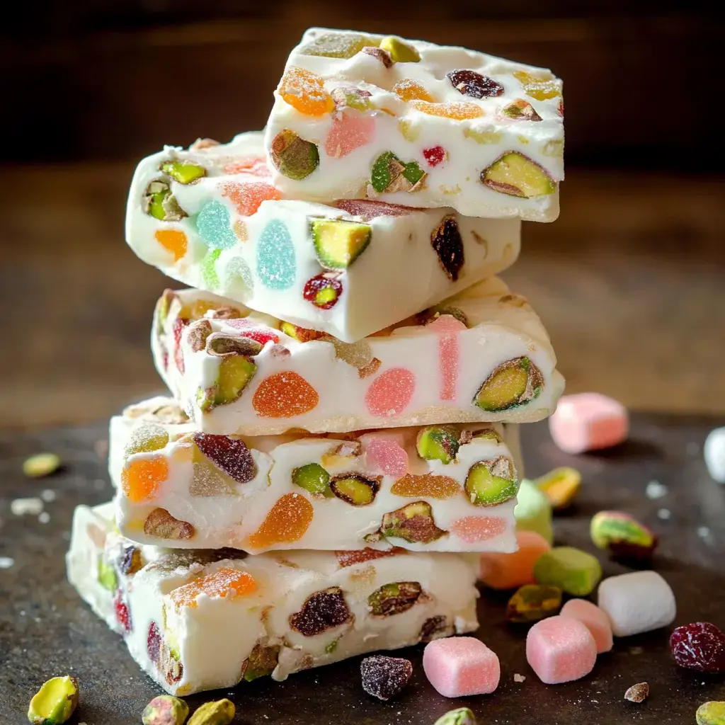 Chunks of pale nougat filled with bright marshmallows and green pistachios sit on a dark table. Bits of candy are dotted around.