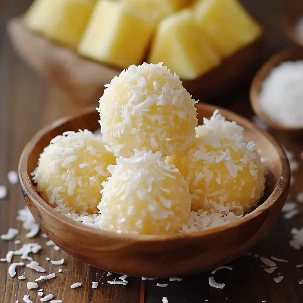 A wooden bowl holds four round coconut snacks, with pineapple chunks in the background.