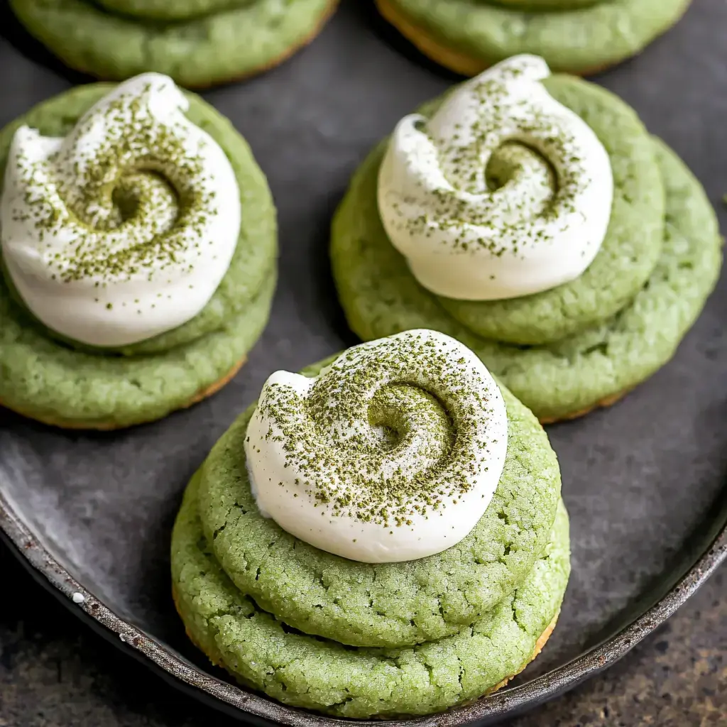 Bright green matcha cookies with a swirl of mascarpone cream and a little green dusting, sitting on a dark plate.