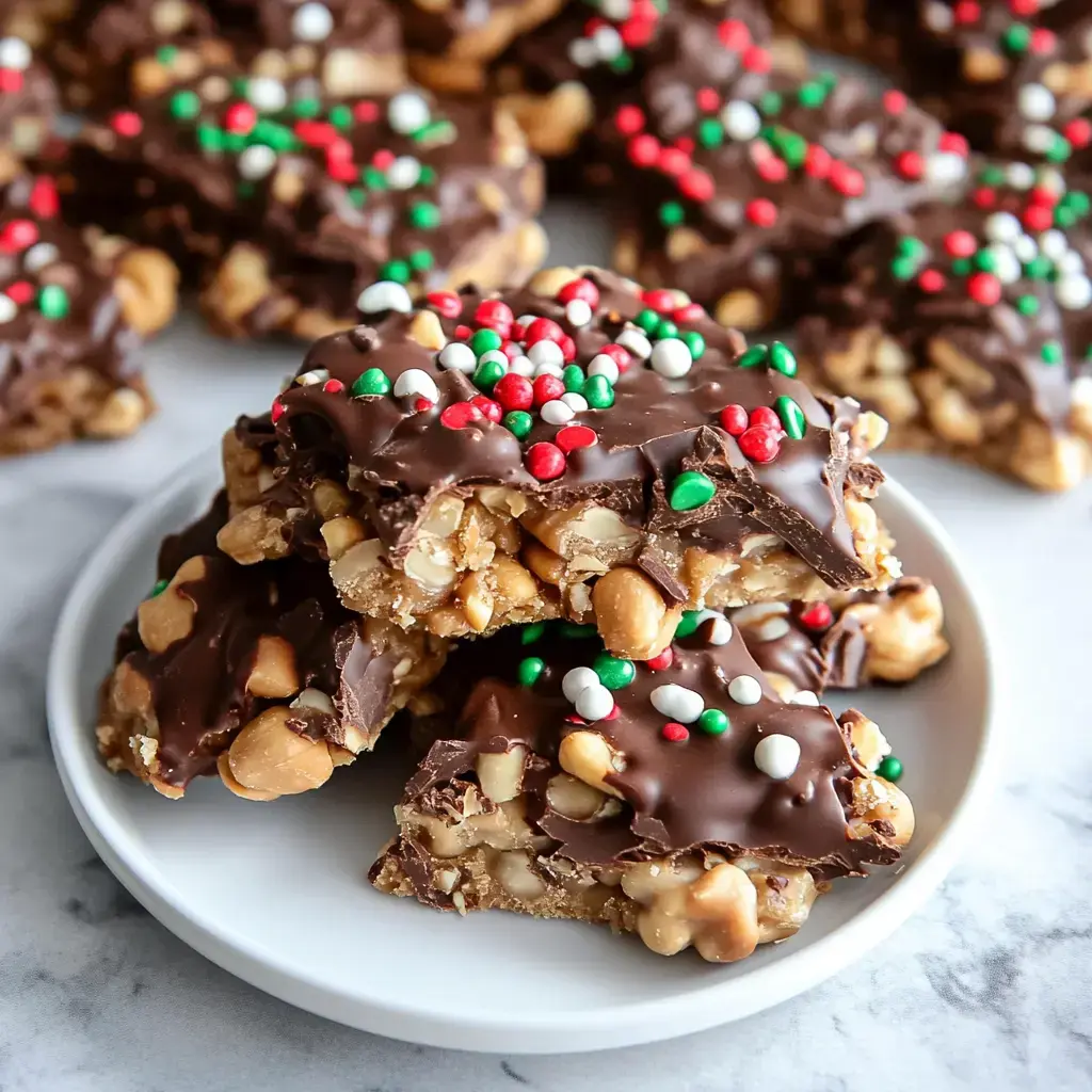 Stacked chocolate and nuts with colorful sprinkles in a close-up shot.
