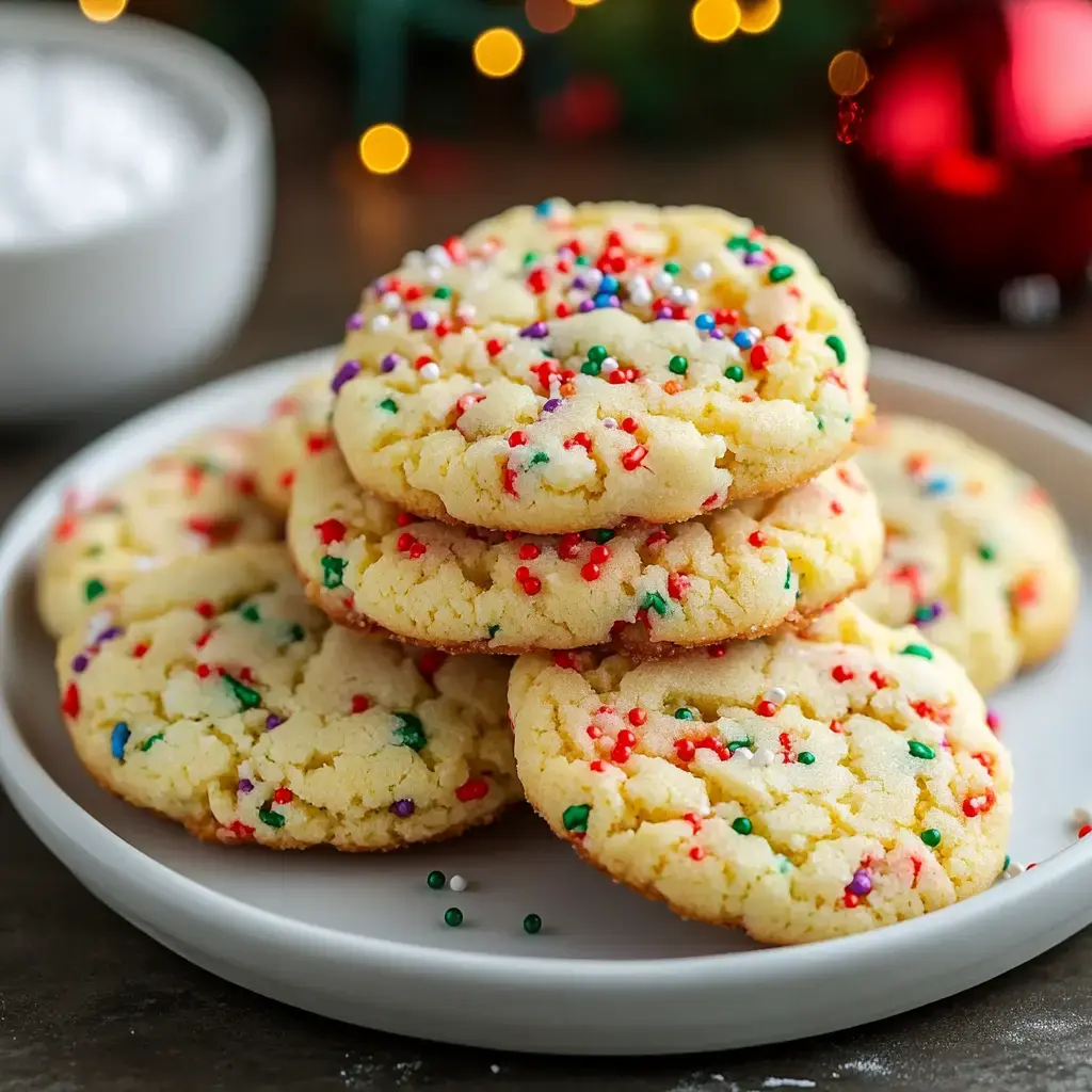 A bright stack of sprinkled buttery cookies sits on a plain plate, next to a bowl of sugar and twinkling lights.