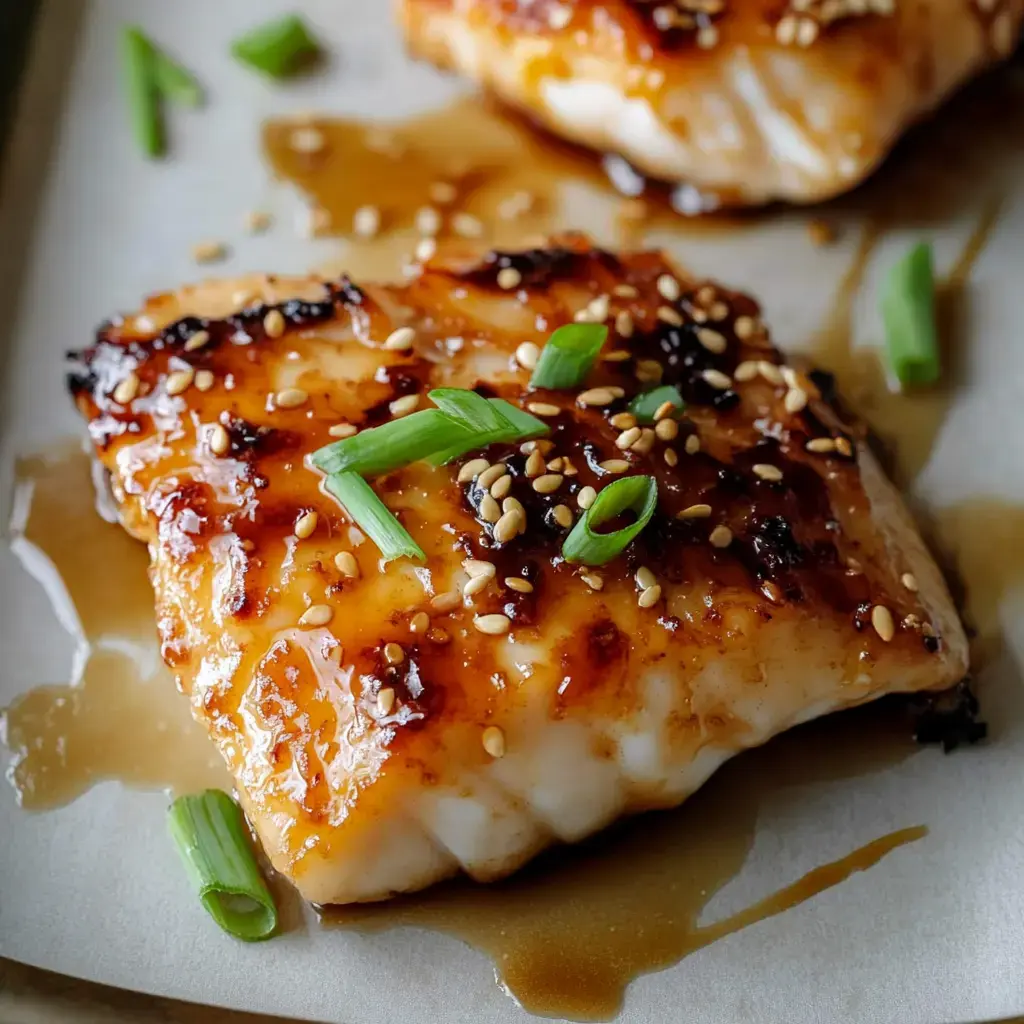Zoomed-in view of fish fillets with glossy glaze, sesame seeds, and sliced green onions, resting in a light sauce.