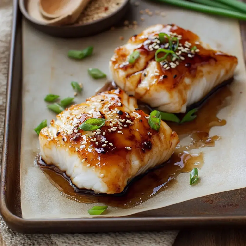Two sticky fish fillets covered with green onions and sesame seeds on a tray swimming in sauce.