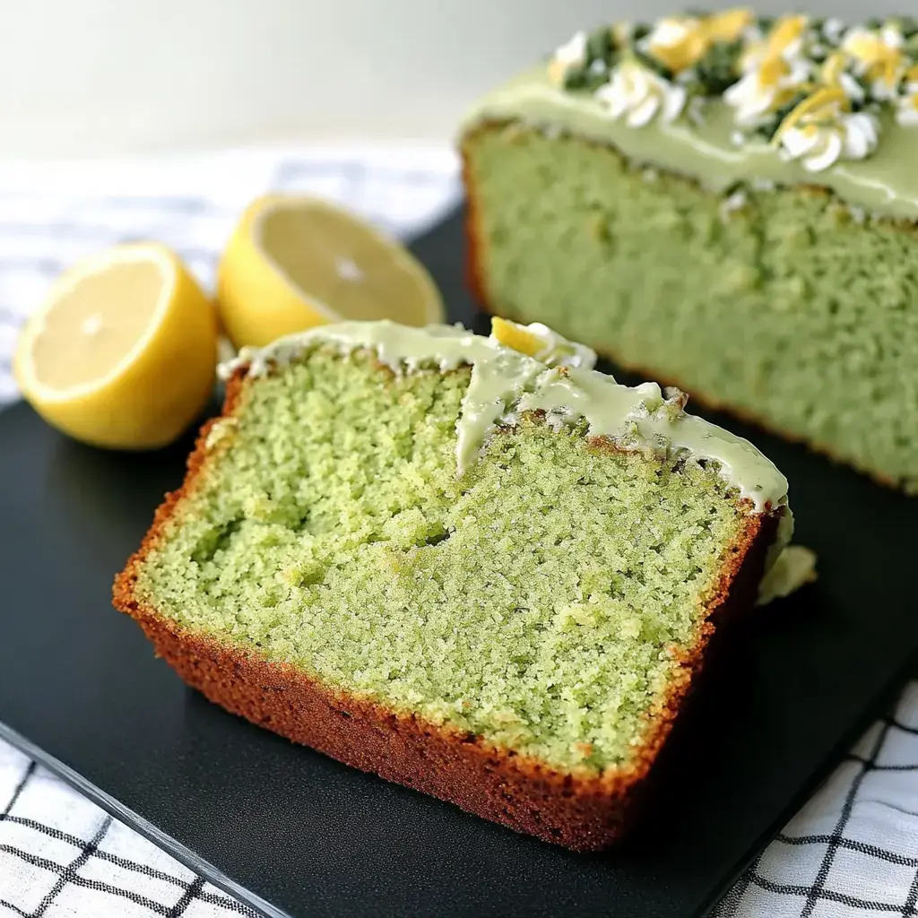 Thick slice of lime-green cake topped with creamy green icing sits beside bright lemon halves on a dark plate.