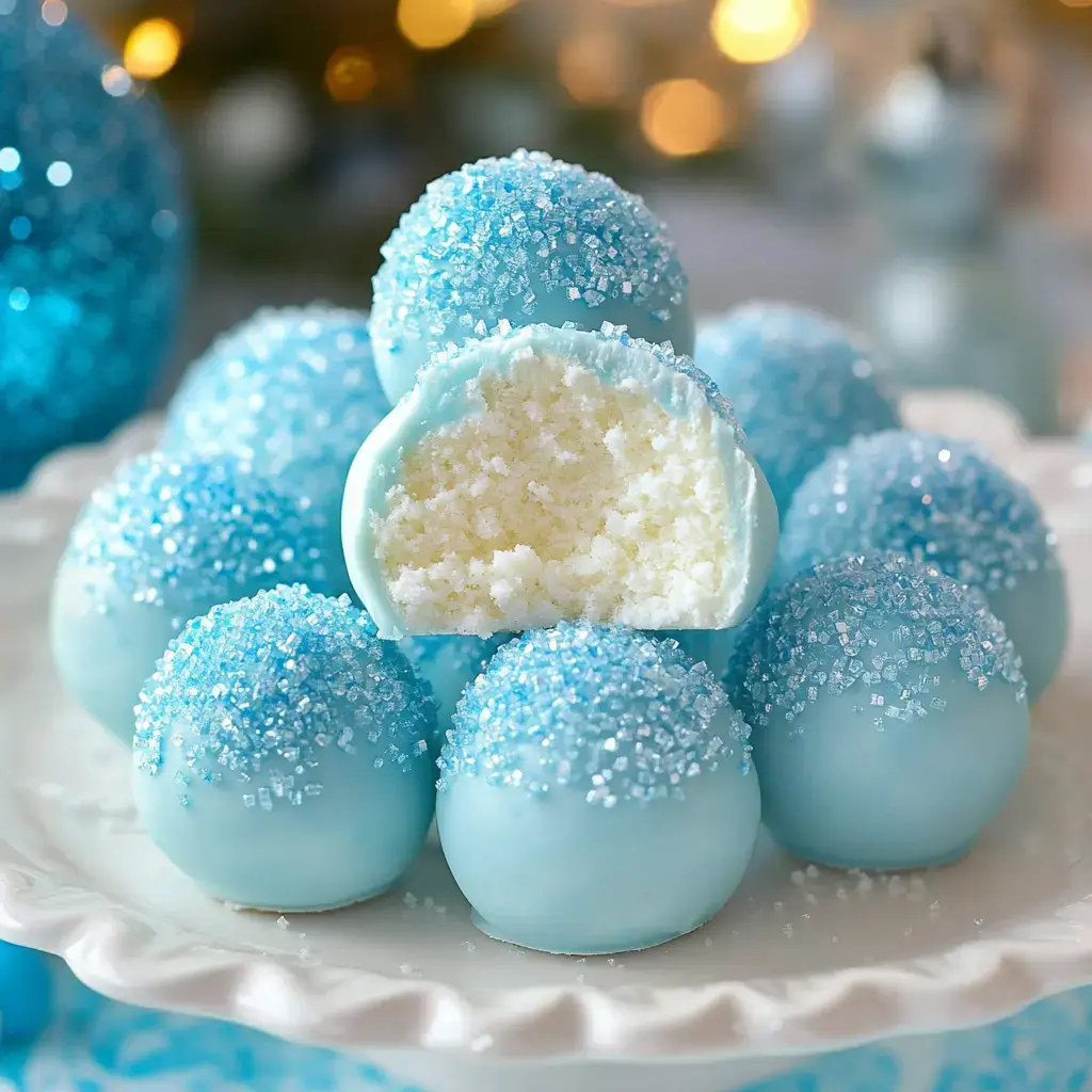 A pretty platter shows off blue dessert balls covered in shiny sugar, one split open to show soft white middle.