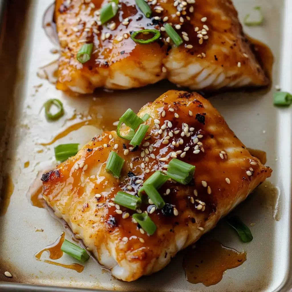 Shiny glazed fish fillets scattered with sesame seeds and green onions sit on a metal tray.
