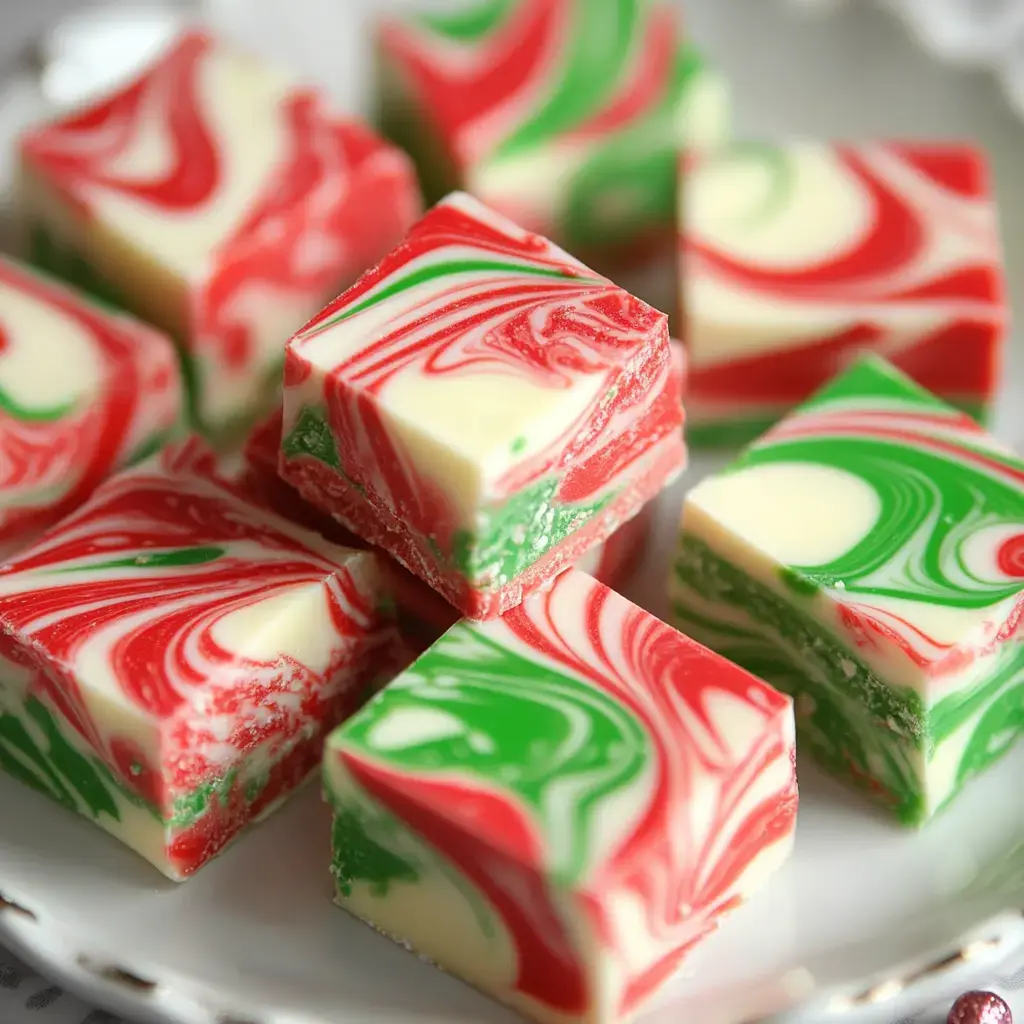 A dish of festive fudge squares with red and green swirls, ready for the holidays.