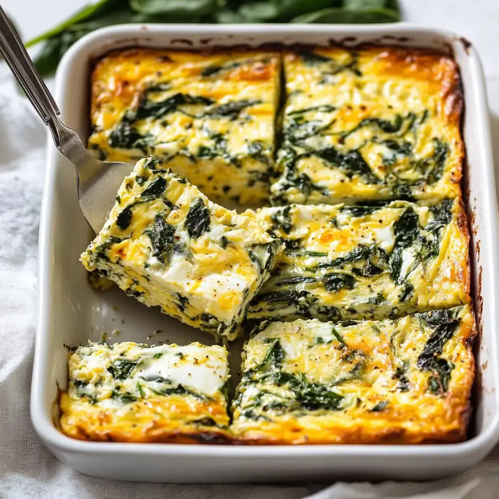 A slice of fluffy spinach and cheese casserole being scooped out of a rectangular pan, with golden edges and green flecks throughout.