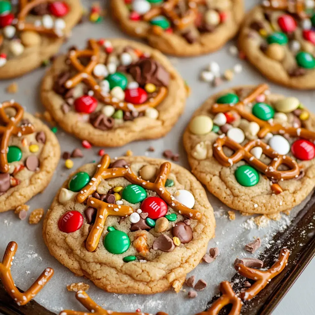 Colorful cookies with candy, pretzel bits, and chocolate scattered on a tray, up-close and mouthwatering.
