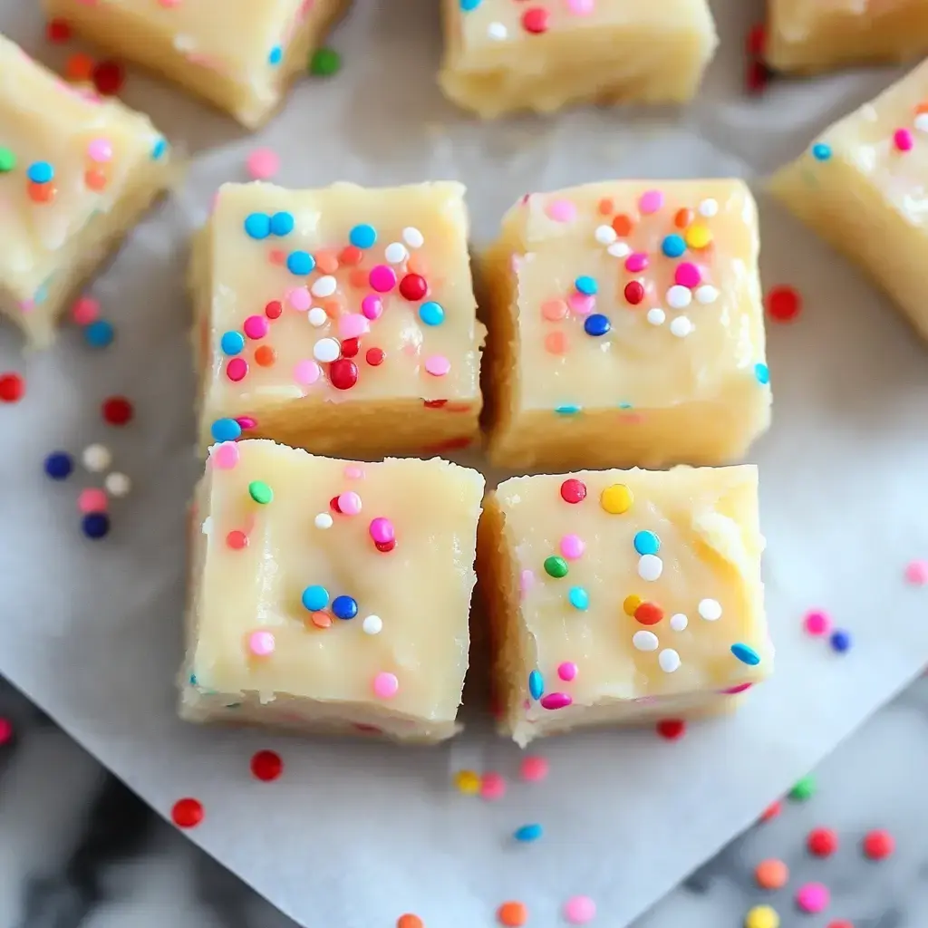 Chunks of colorful fudge loaded with sprinkles, sitting pretty on a pale surface.