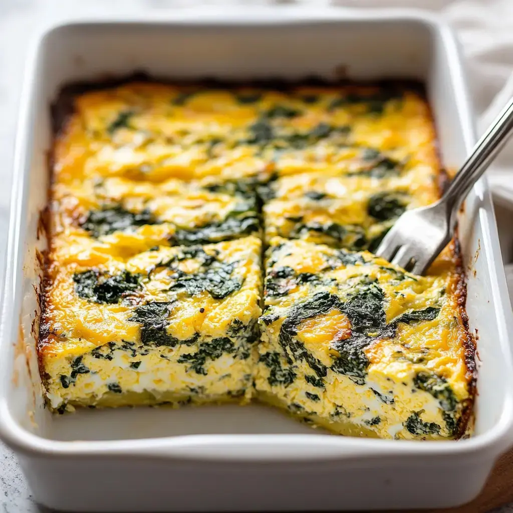 Squares of baked spinach and cheese casserole fill a baking dish, with a fork nearby, showing off the golden top.