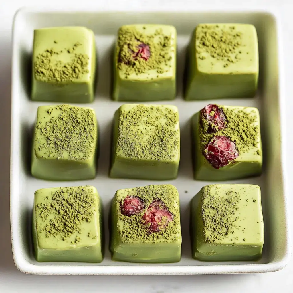 Nine green matcha candies sit on a plate, some with extra green dusting and bits of raspberry.