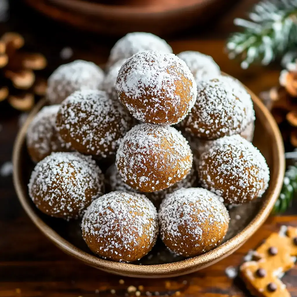 Round cookies dusted with powdered sugar sitting in a bowl on a wood table, with pinecones and festive decor nearby.