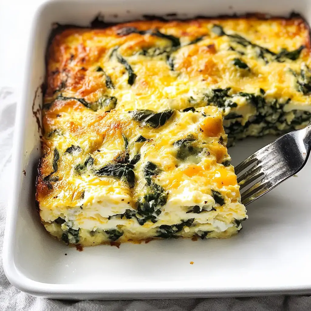A casserole loaded with cheese and spinach is cut inside the pan, showing its creamy soft layers.