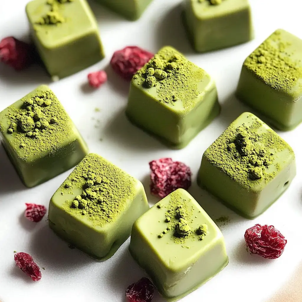 A bunch of green matcha treats on a plate with dried red berries dotted around them.