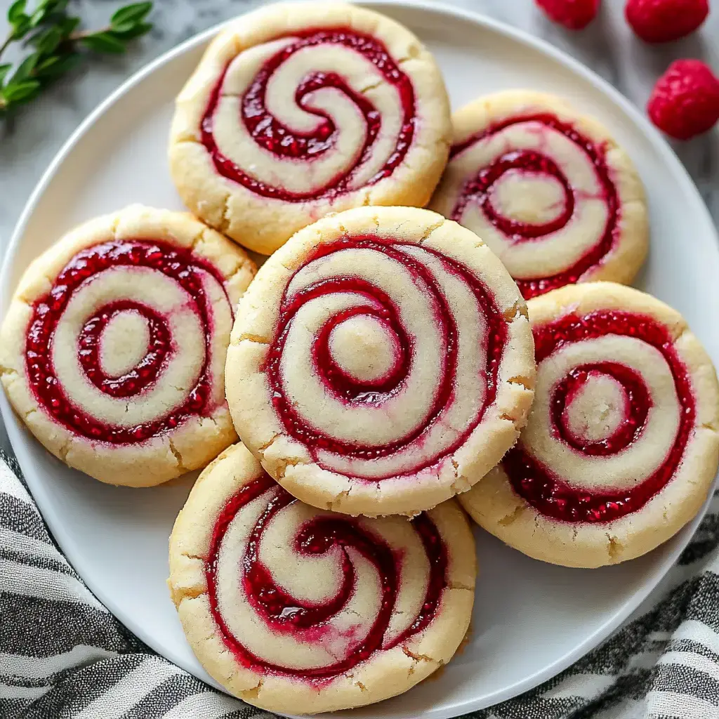 A plate holding six spiral cookies filled with raspberry, arranged in a tidy group, with a few raspberries nearby for garnish.