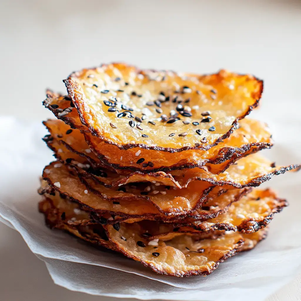 A stack of crunchy, golden snacks sprinkled with sesame seeds, stacked on parchment.