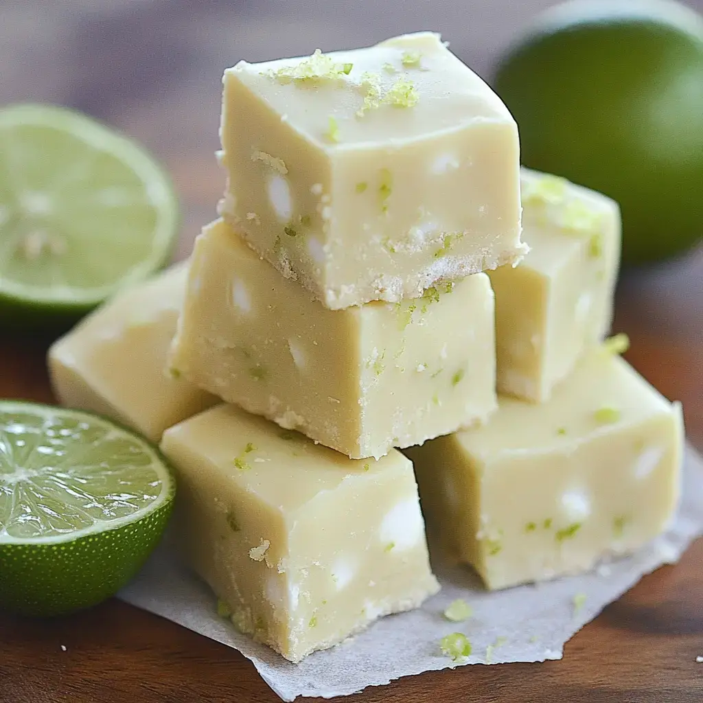 Chunks of tangy lime fudge piled on parchment with fresh lime halves nearby.
