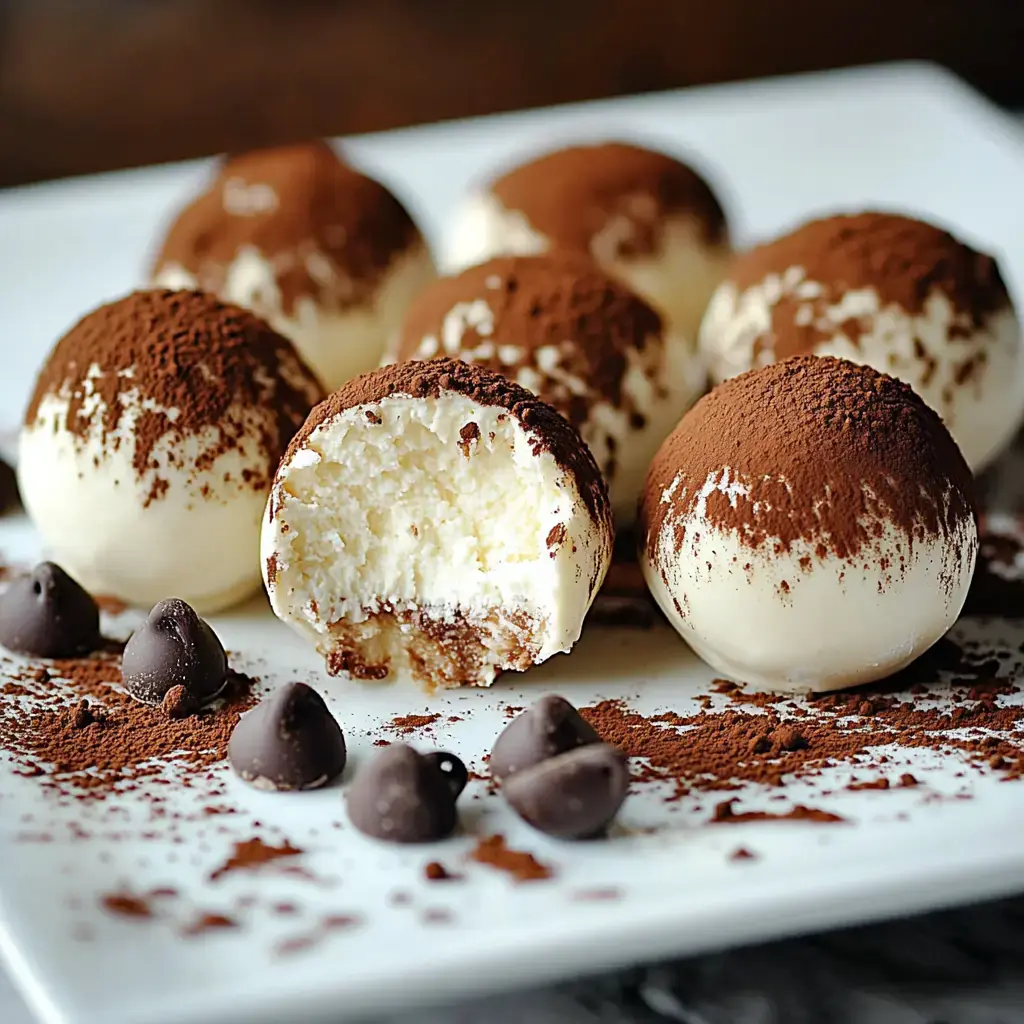 A plate with chocolate-glazed truffle balls dusted in cocoa, and one with a creamy center showing from a big bite.