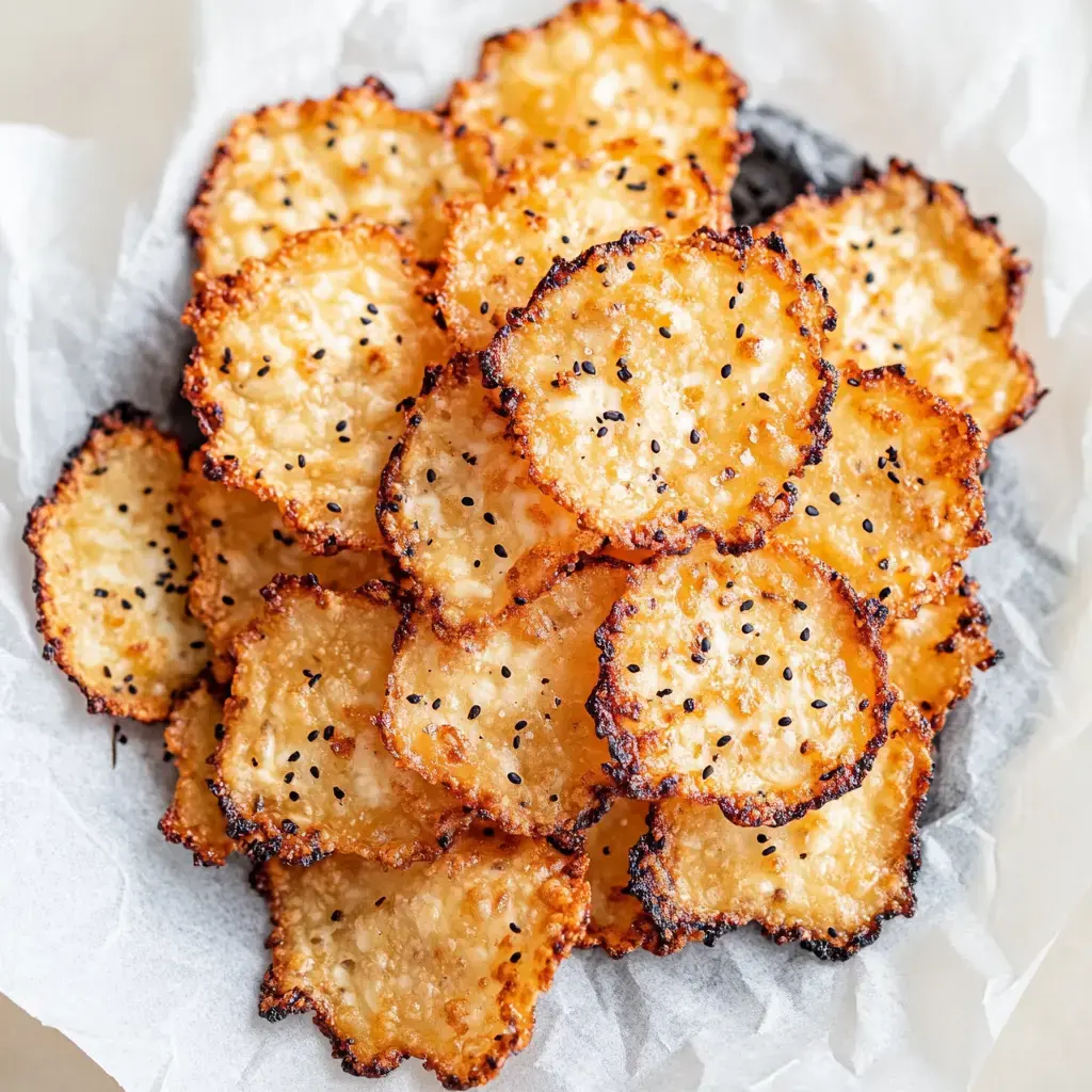 Golden, crispy chips covered with black seeds, laid on messy parchment.
