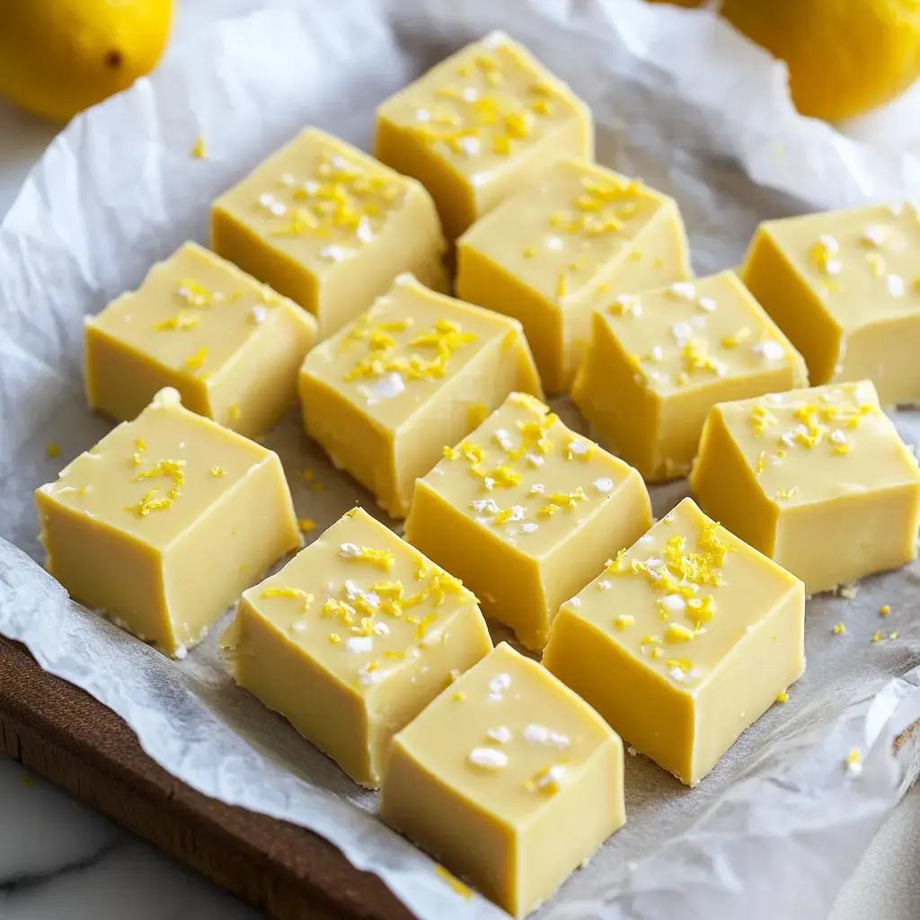 Squares of lemon fudge set on parchment, topped with lemon zest, and surrounded by bright whole lemons.