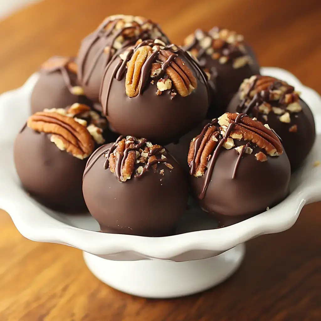 On a white plate, there’s a pile of shiny chocolate balls, pecan pieces on top, and some chocolate drizzle.