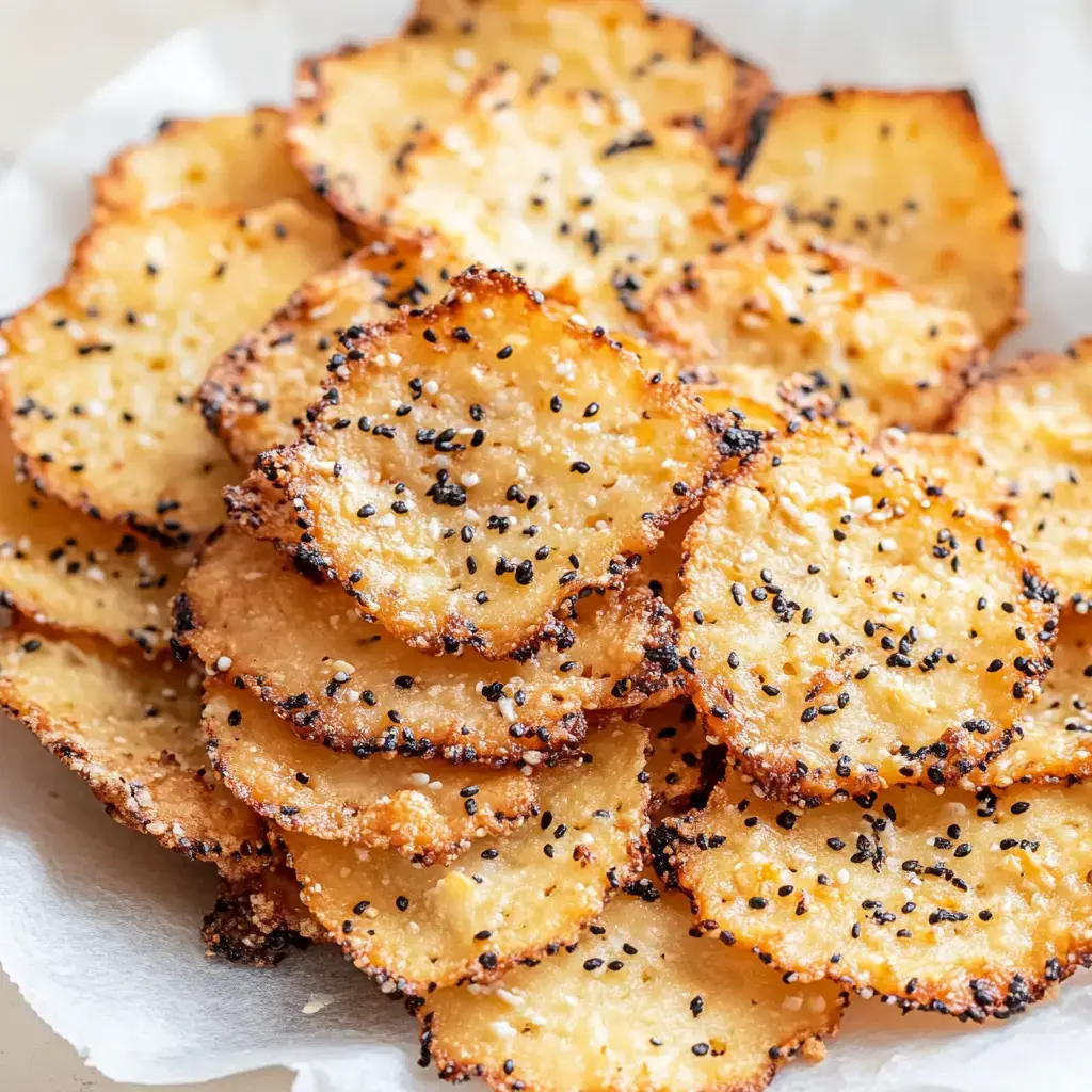 Golden snacks sprinkled with sesame seeds on white paper towel.