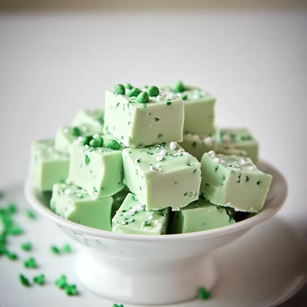 A bowl loaded with cubes of green fudge, kisses of green and white sprinkles on top.