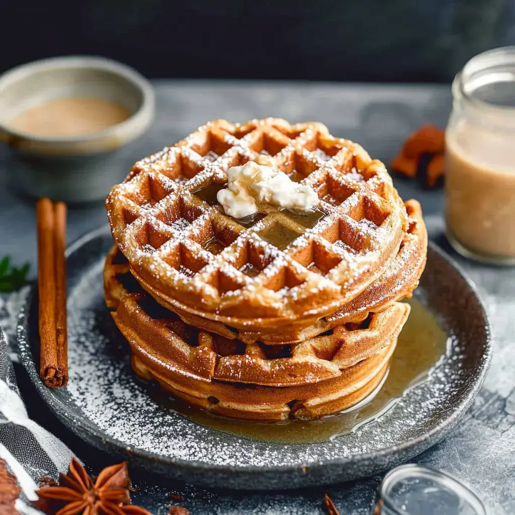 Pile of fluffy, golden waffles with melted butter and syrup on top, sitting on a dark plate. There’s a bowl of sauce and some cinnamon sticks nearby.