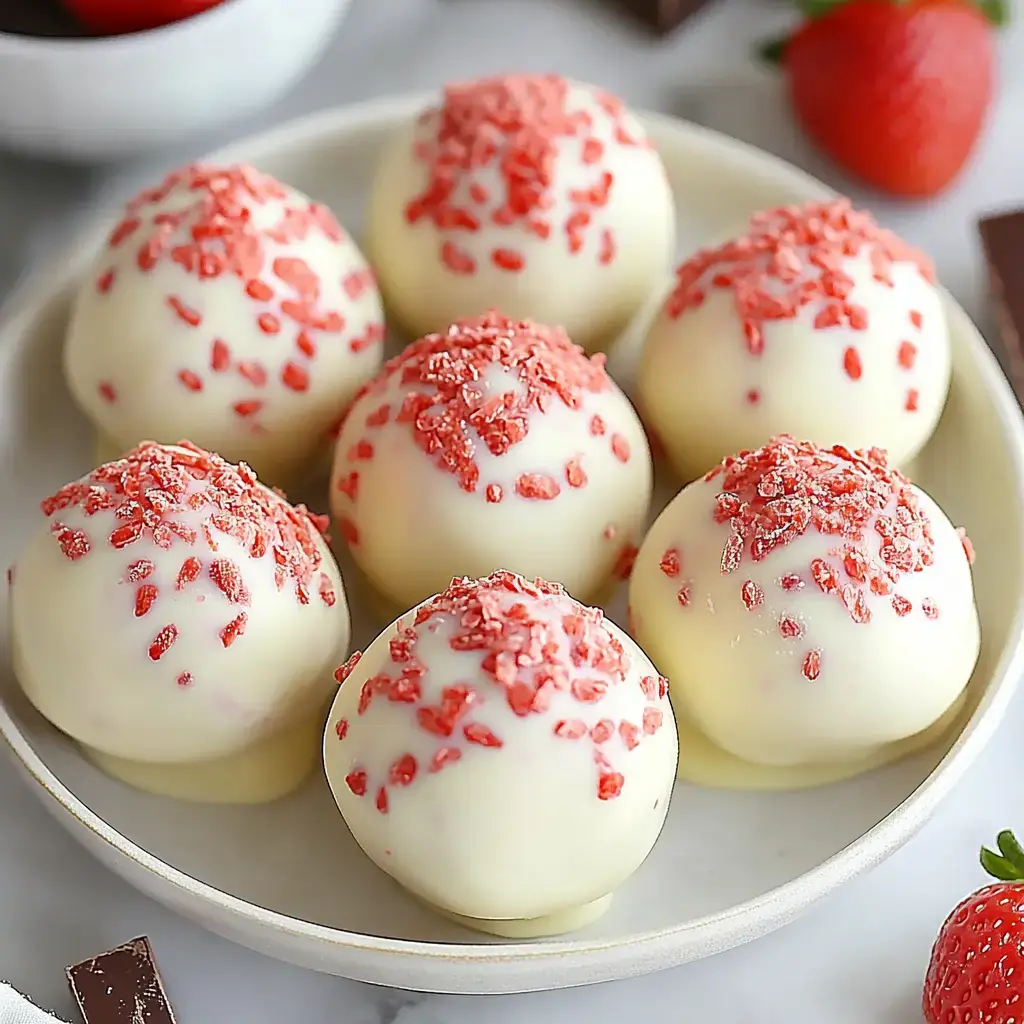 White chocolate truffles on a plate, with red strawberry bits sprinkled on top and grouped together.