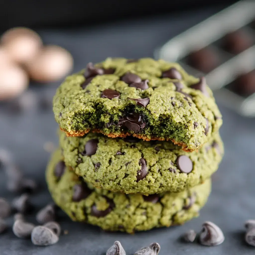 A pile of bright green matcha chocolate chip cookies stacked, one with a bite taken out, with extra chocolate chips scattered around on a dark table.