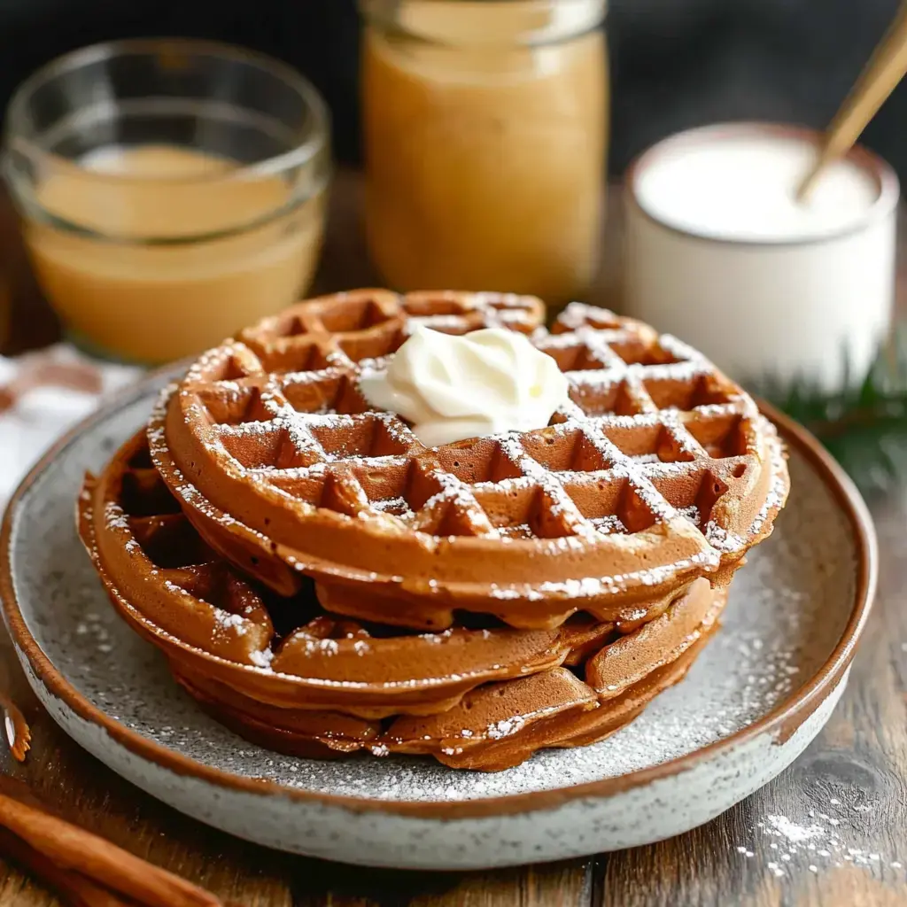Tower of golden waffles with whipped cream and a snow of powdered sugar, flanked by two coffee mugs and a dish of cream.
