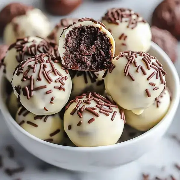 Bowl filled with white chocolate covered chocolate balls, dusted with sprinkles. One is sliced open so you can see the rich chocolate inside.
