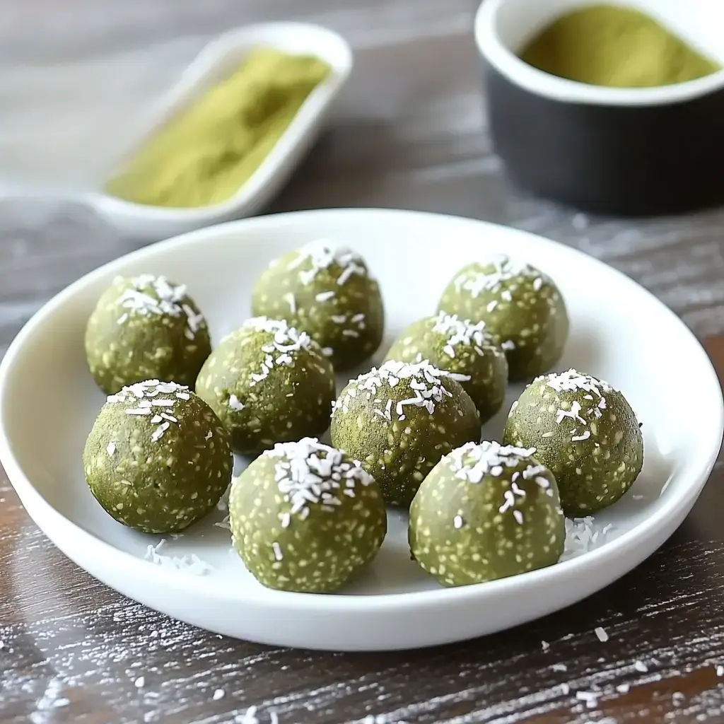Green matcha bites dotted with coconut on a plate, sitting atop a rustic table. A bowl of vibrant green powder sits slightly behind.