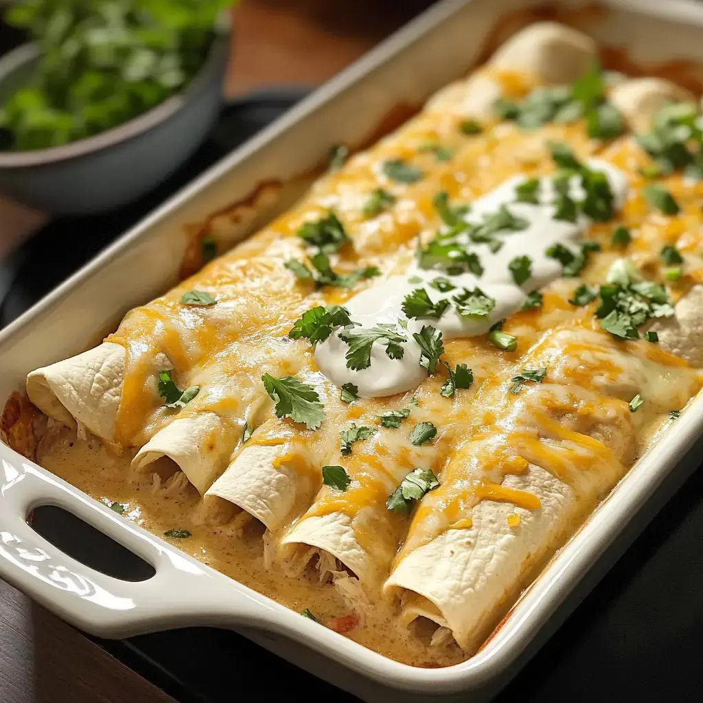 A close-up shot of gooey, cheesy chicken enchiladas with sour cream and chopped cilantro in a white baking dish.