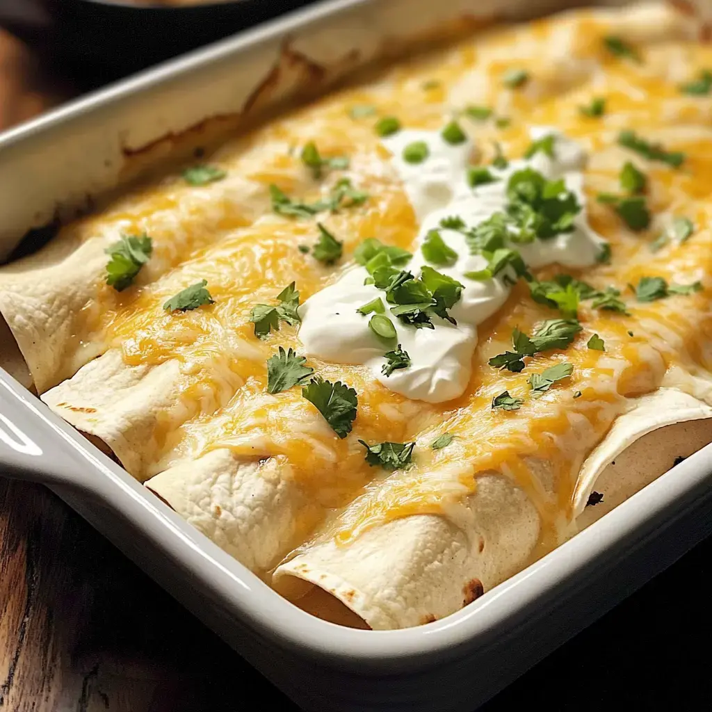 Gooey enchiladas covered in melted cheese, fresh cilantro, and a dollop of sour cream—served hot from the oven.