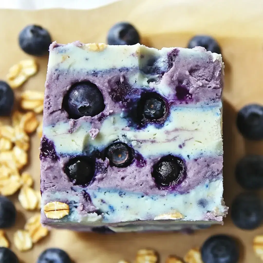 A creamy bar dessert stacked with blueberries and oats, sitting on parchment and surrounded by scattered oats and berries.