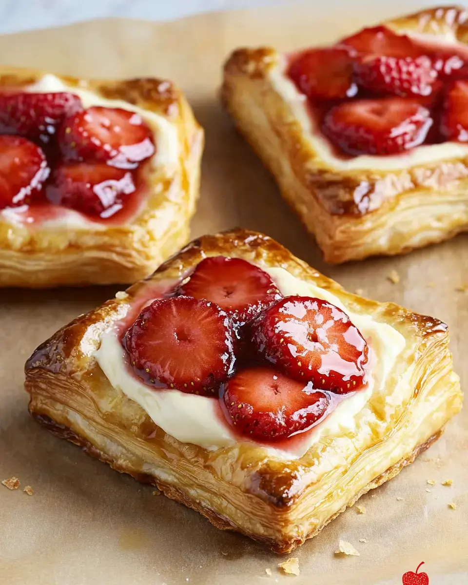 Three squares of pastry with cream and strawberries on parchment paper.